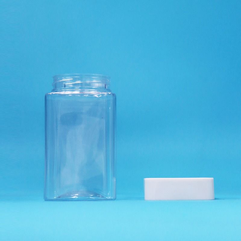 Square Airless Transparent PET Plastic Storage Snack Candy Jar White Screw Flat Cap