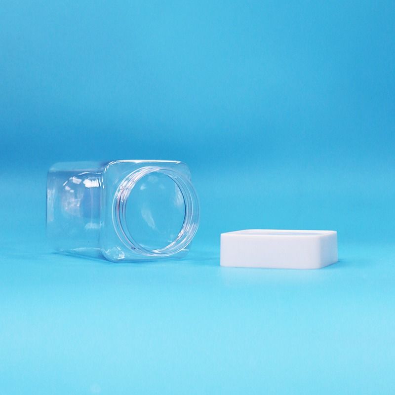 Square Airless Transparent PET Plastic Storage Snack Candy Jar White Screw Flat Cap