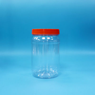 Nhìn qua PET nhựa tròn thực phẩm kẹo bánh quy đóng gói bình màu đỏ nắp vít