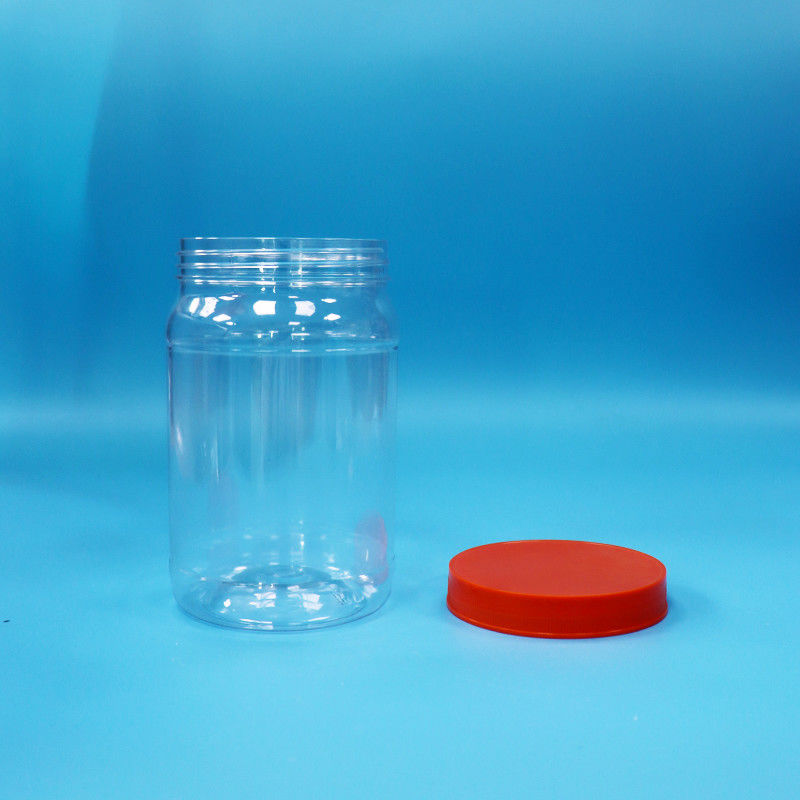 Nhìn qua PET nhựa tròn thực phẩm kẹo bánh quy đóng gói bình màu đỏ nắp vít