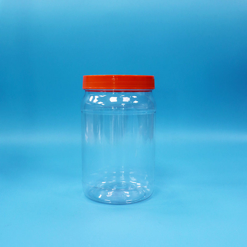 Nhìn qua PET nhựa tròn thực phẩm kẹo bánh quy đóng gói bình màu đỏ nắp vít