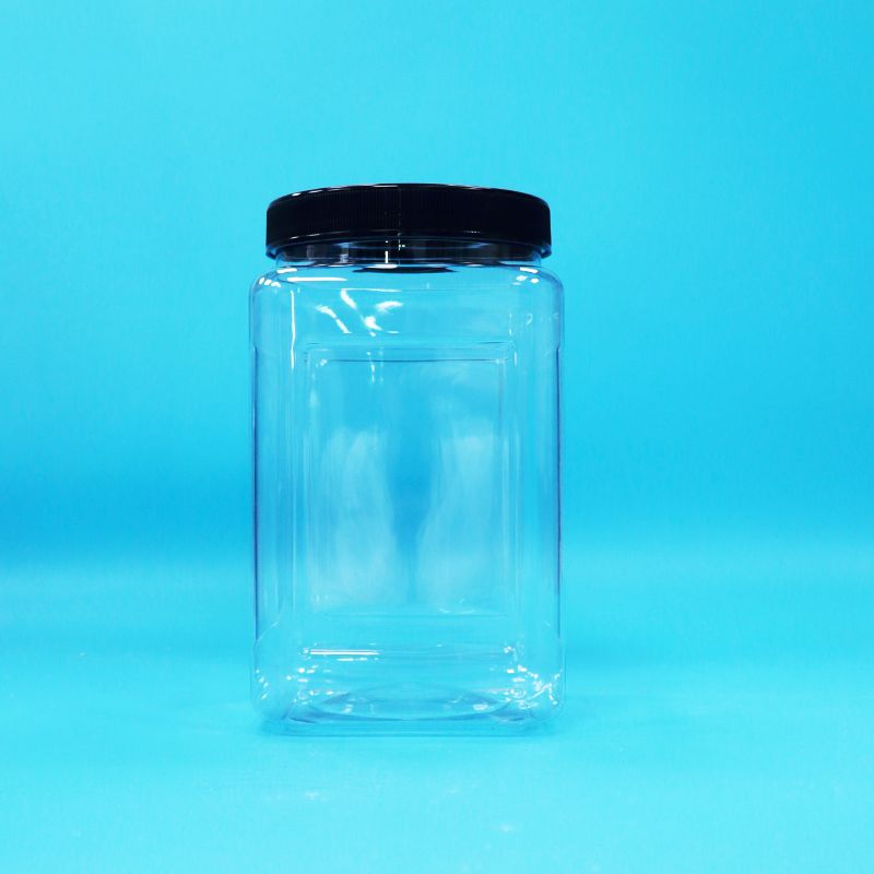 Các bình trong suốt hình vuông nhựa PET nắp đen cho thực phẩm kẹo bánh quy mì nướng