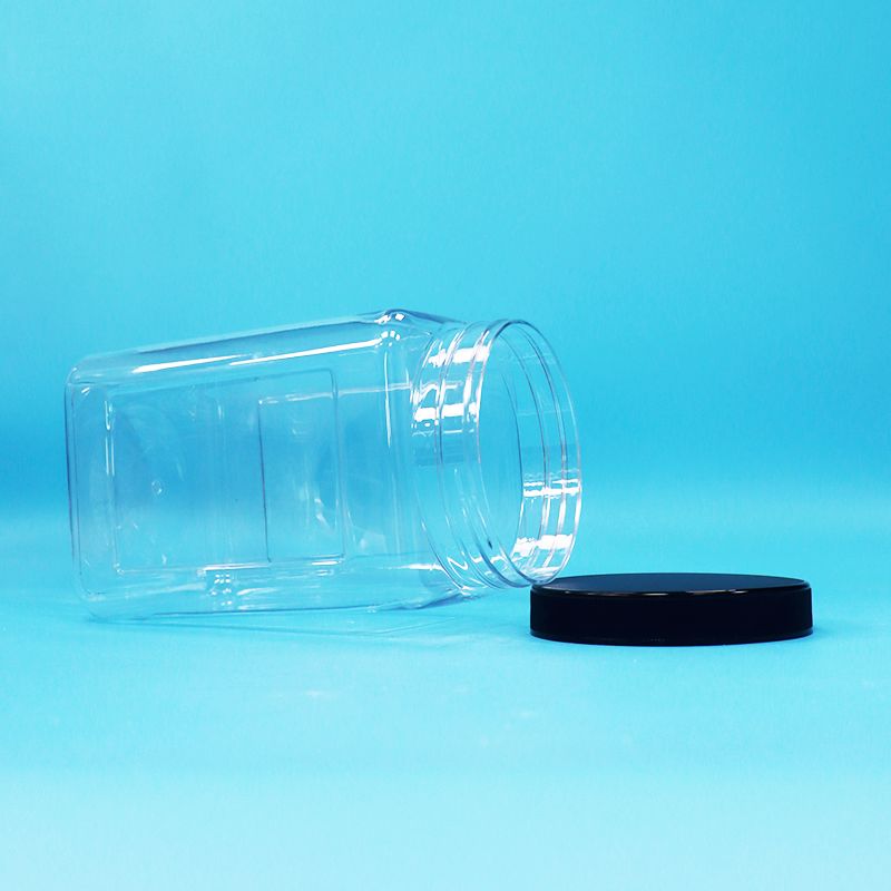 Các bình trong suốt hình vuông nhựa PET nắp đen cho thực phẩm kẹo bánh quy mì nướng