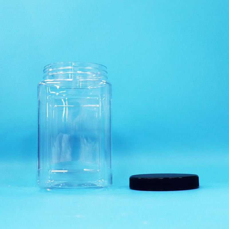 Các bình trong suốt hình vuông nhựa PET nắp đen cho thực phẩm kẹo bánh quy mì nướng