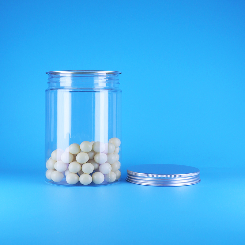 Hũ tròn cao trong suốt miệng rộng bằng nhựa PET đựng thức ăn trẻ em, kẹo, nắp phẳng nhôm