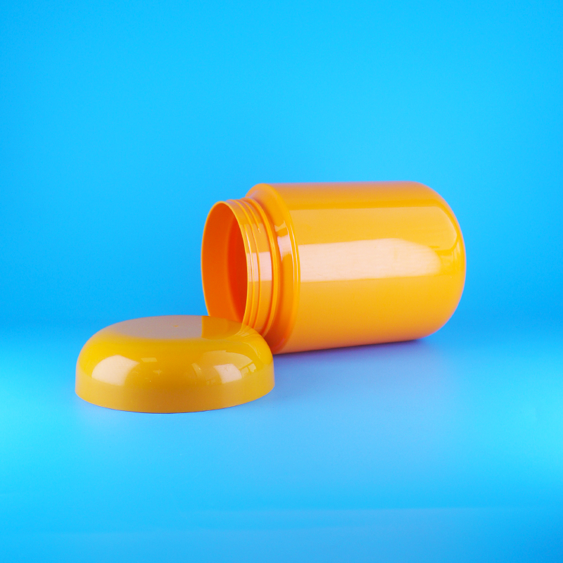 Hũ nhựa PET hình tròn màu cam thực phẩm, nắp vặn phẳng màu cam, đựng bánh quy, kẹo