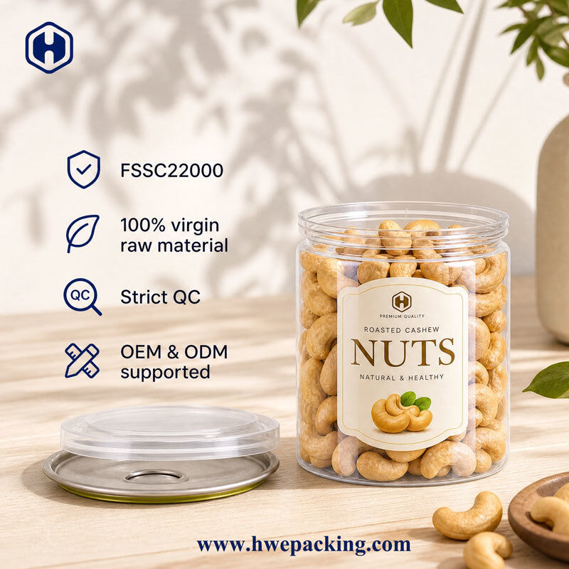 Lon PET trong suốt được chứng nhận FSSC22000 cho thực phẩm khô ODM Đơn đặt hàng số lượng lớn Thiết kế mở dễ dàng hiện đại